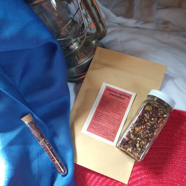 Libertea, Egalitea, Fraternitea vial, ounce bag, and jar